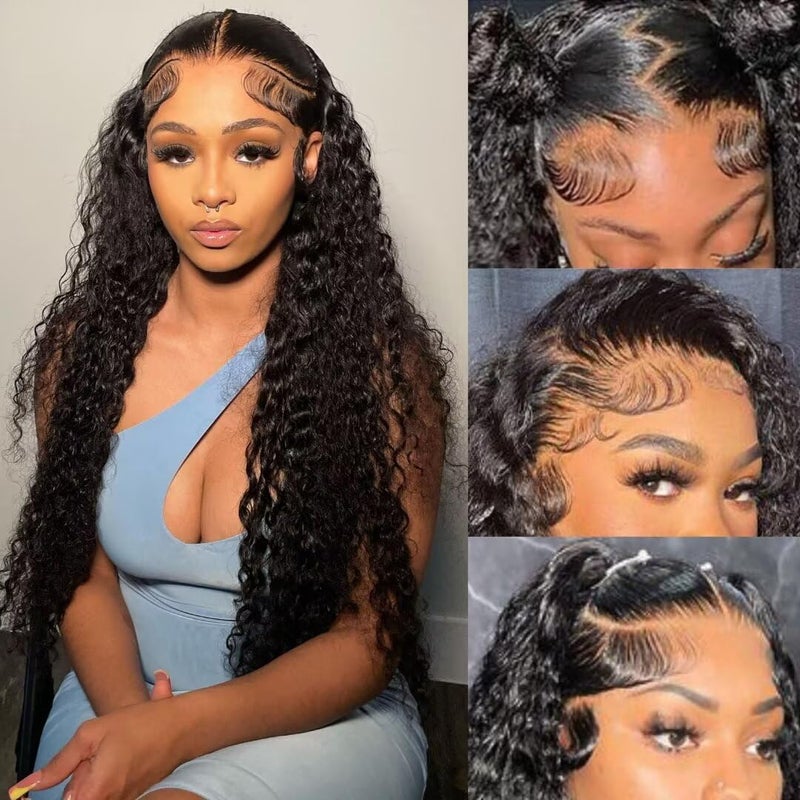 Juvid 13x6 Lace Front Wigs Human Hair HD Transparent Deep Wave Curly Human Hair Wig 180 Density Baby Hair Natural Black Glueless Wig 20inch Baby Hair Wet and Wavy for Black Women Pre Plucked Hairline
